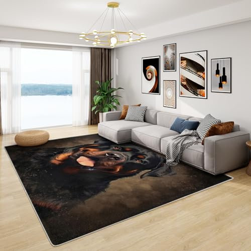 Rottweiler Teppich - Teppich Wohnzimmer Schlafzimmer Hundemotiv, Großer Teppich Hunde, Weich Kurzflor & Waschbar & rutschfest Wohnzimmerteppich, Kinderteppich, Bettvorleger 160x230 cm