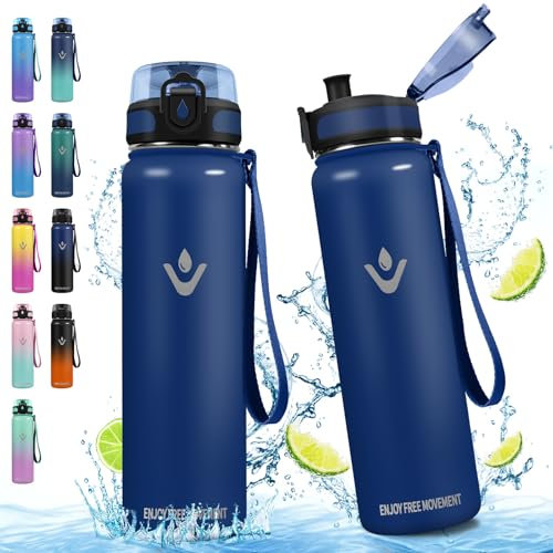 Vikaster Bouteille - Thermos 1000ml, 24h froid & 12h chaud, Gourdes Sans BPA, Gourde Enfant & Adulte pour Sport, école, Bureau, Gym, Voyage, Bleu Foncé