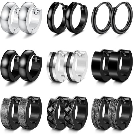 JeweBella 9 Paar Creolen Ohrringe Herren Edelstahl Männer Mode Punk Schwarz Silber Klein Set Huggies Knorpel Helix Piercing für Damen Herren Schmuck