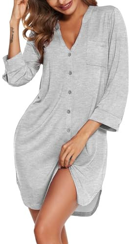 Ekouaer Nighties For Women 3/4 Long Sleeve V Neck Striped Womens Nightwear Button Soft Nightdresses, Grey, M