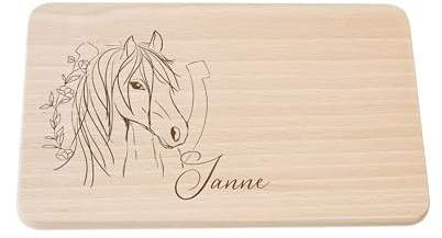 Nord-Kind Personalisiertes Holzbrett, Gravur für Kinder | Individualisertes Frühstücksbrettchen, Niedliche Motiv-Brettchen mit Namen & verschiedenen Designs (Pferd)