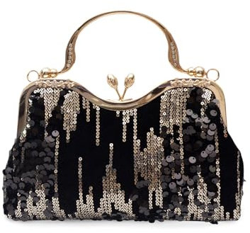CORIOS Vintage 1920s Pailletten Abendtasche Damen Samt Clutch Tasche Elegante Diamant Schultertasche Hochzeit Brautbörse Handtasche Glänzend Strass Portemonnaie Tasche Kette Umhängetasche Schwarz