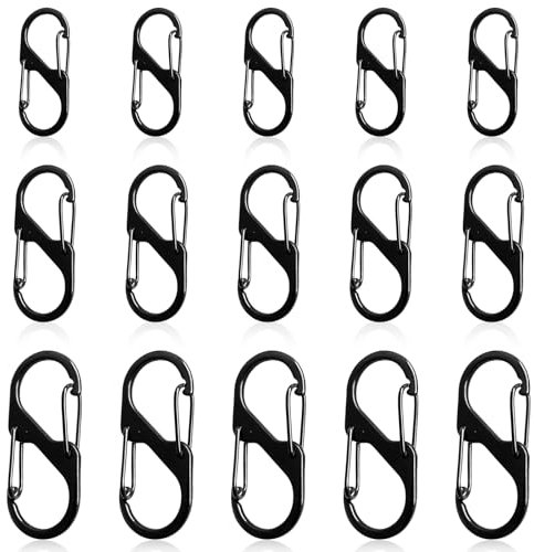 ZAOHUI 15 Pcs Small Carabiner Keyring Clips, Mini Dual Spring Snap Hooks for Outdoor Hiking Camping Fishing (Black, 3 Sizes)