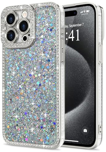Lafunda for iPhone 15 Pro Max Case for Womens Girls, Luxury Bling Glitter Diamond Crystal Festival Shiny Case Camera Protection Shockproof Silicone TPU Phone Cover for iPhone 15 Pro Max 6.7, Silver
