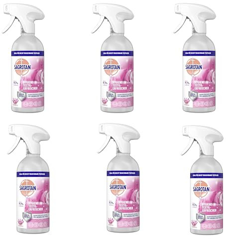 Sagrotan Hygiene-Textilerfrischer Wasserlilie – Entfernt festsitzende Gerüche & geruchsbildende Bakterien – Für Kleidung & Wohntextilien – 6 x 500 ml