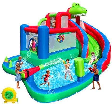 Large Dinosaur Inflatable Bounce House with Water Slide for Kids, Bouncy Castle, Splash Pool, Basketball Hoop, Climbing Wall, Air Blower, Outdoor Backyard Fun