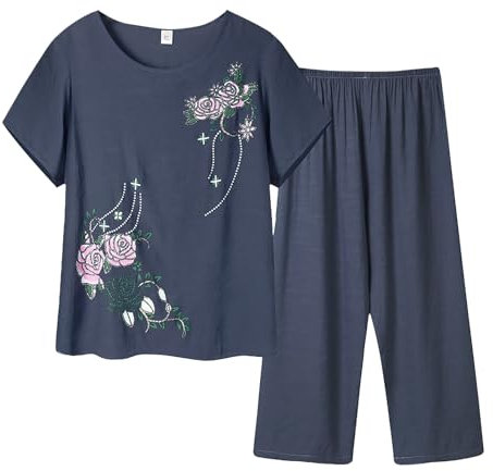 Completi Donna Sportivi Casual Leggera Taglie Forti Top E Pantaloni Elegante Estivo Cotone E Lino Set Da 2 Pezzi Maniche Corte Palestra Jogging Tracksuit Jogging Primavera Traspirante Set Di Pantaloni