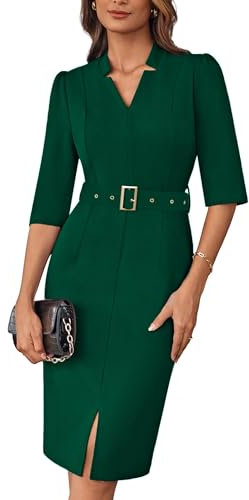 GRACE KARIN Women 3/4 Sleeves Bodycon Midi Dress Elegant V Neck Slim Fit Business Wrap Dress Dark Green L