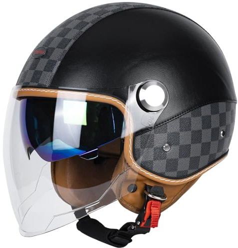 QUICKOOL Dual Visor 3/4 Open Face Motorcycle Helmet for Men & Women, DOT Approved Unisex Retro Half Helmet，Motorbike Casco for Moped Cruiser Bobber and Chopper (Long Outer Shield-Black,M)