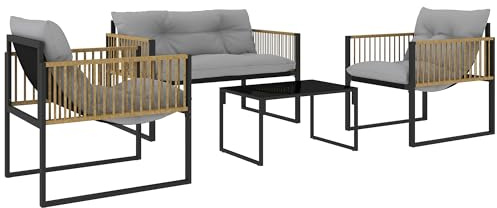 Outsunny Conjunto de Jardín Exterior de Ratán Sintético de 4 Piezas Muebles de Jardín Exterior Incluye Sofá de 2 Plazas 2 Sillones 1 Mesa de Centro de Vidrio con Cojines Gris y Natural