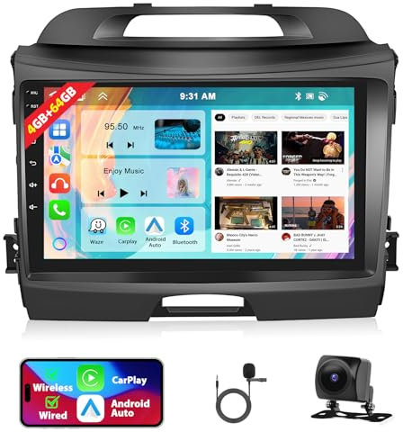Motorsi 4GB+64GB Carplay Autoradio für Kia Sportage 2010-2016, 9 Zoll Android Radio mit Wireless Android Auto, GPS Navigation WiFi HiFi Bluetooth RDS/FM Radio USB SWC 2 USB Canbus+AHD Rückfahrkamera