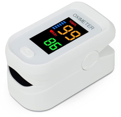 Oxímetro de Pulso Digital con Pantalla LED - Pulsioximetro de dedo - Medidor de Saturación de Oxígeno en Sangre y Frecuencia Cardíaca, Portátil con cordon de transporte, color Blanco