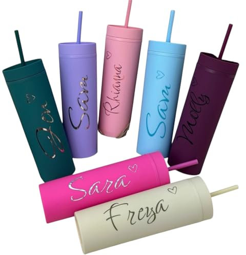 Personalised 16oz 450ml Skinny Cold Cup with Straw & Lid – Custom Reusable Tumbler with Name – BPA-Free Plastic Cup for Iced Coffee, Smoothies, Gifts, Parties & Daily Use – Pick Colour & Font
