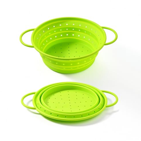Clove Silicone Collapsible Colander Set Small & Medium Pasta Food Strainer | Solid Handle Reinforced by Inserted Steel, Dishwasher Safe BPA-Free, Foldable Noodle Drainer Folding Vegetable Washing Basket