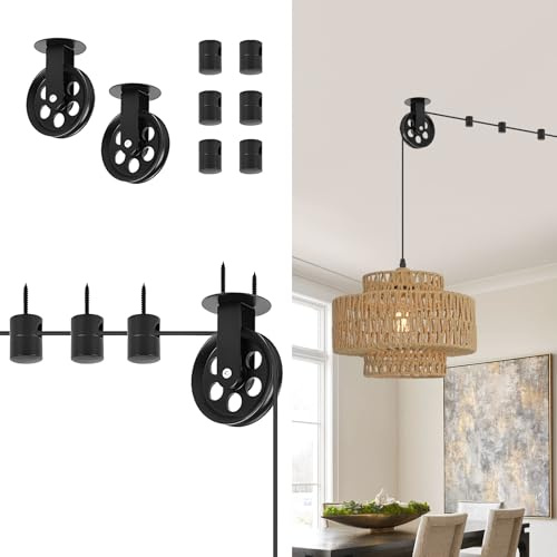 SEEBLEN Black Vintage Industrial Pulley Wheels Set of 2 - Ceiling/Wall Mount Hanging Pulleys for DIY Plug-in Pendant Lights, Chandeliers, Plant Grow Lamps - Rustic Decor with Indoor/Outdoor Use
