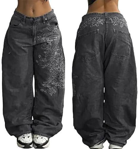 Baggy damjeans denimbyxor vintage tryck snygga arbetsbyxor låg midja breda ben jeans streetwear Y2K boyfriend stil jeans hängselbyxor hip hop retro tvättade fritidsbyxor S–XXL