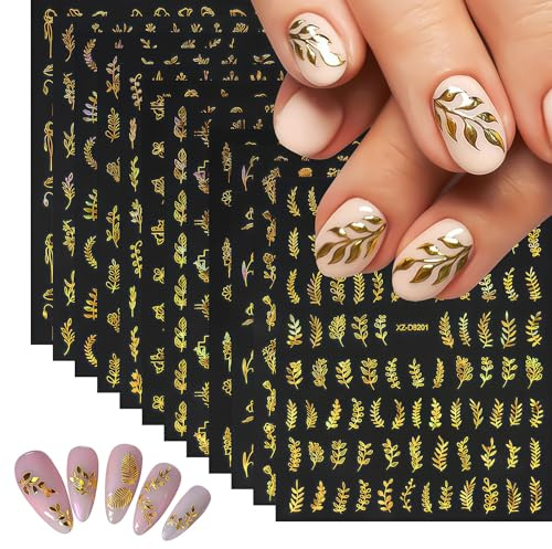 VelvetGlow 12 Blatt Goldene Nagelsticker, Blatt-Nagelsticker, Herbst-Nagelaufkleber, Selbstklebend, Herbst-Nagelkunstzubehör für Frauen und Mädchen, DIY-Maniküre, Nageldekorationen