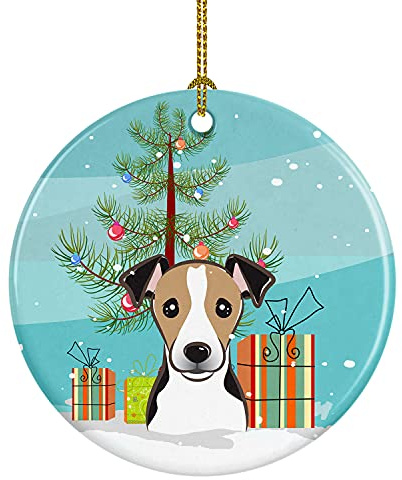 Weihnachtsschmuck Aus Keramik Weihnachtsbaum Und Jack Russell Terrier Dekorationen Runder Xmas Anhänger Winterfest Für Festliches Die Haustür Im Freien Vater 7.3Cm