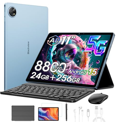 Blackview Tablet mit Tastatur Maus Stift Kopfhorer, 11 Zoll 2K FHD+ Android 15 Tablets 5G, 24GB+256GB/2TB Gaming Tablet ZENO 10, 8800mAh, 16MP+13MP, PC Mode/OTG/4G LTE/Hülle+Schutzfolie, Blau