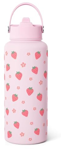 Bryxora Botella de agua aislada de 950 ml con tapa con popote, 24 horas de frío, helada durante 48 horas, a prueba de fugas, sin BPA, fácil de transportar, termo de acero inoxidable de doble pared con
