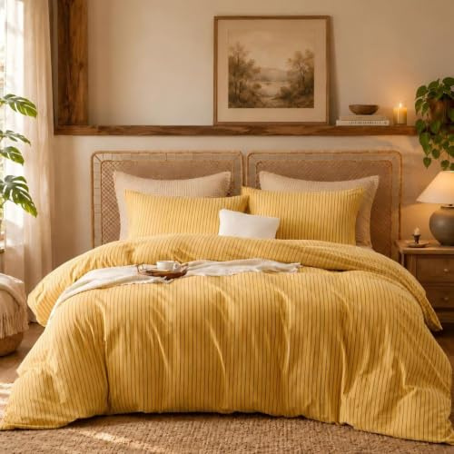 Freyamy Bettwäsche 135x200 4teilig Baumwolle Gelb Gestreifte Bettwäsche Set | Bettwäsche für Allergiker, Aesthetic Bettwäsche Gestreift, ÖKO-TEX 2 Bettbezug mit Reißverschluss und 2 Kissenbezug 80x80cm