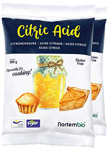NORTEMBIO Acide Citrique Anhydre Biologique 1Kg (2x500g). Qualité Alimentaire, 100% Pur. Acidulant et Conservateur pour la Cuisine et la Confiserie. E-Book avec Recettes Inclus.