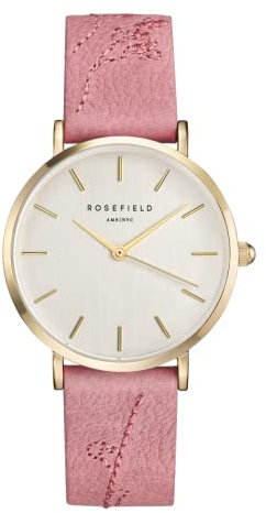 Rosefield Damenuhr The City Bloom Gold 33 mm Rundes Gehäuse mit Weißem Zifferblatt und Rosa Band - CIRBG-E92