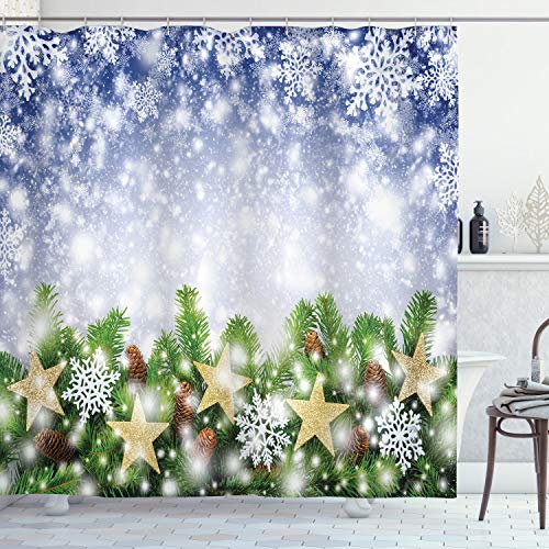 ABAKUHAUS Weihnachten Duschvorhang, Bokeh Schneeflocken, Stoffliches Gewebe Badezimmerdekorationsset mit Haken, 175 x 200 cm, Violettblau Grün