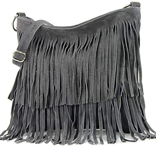 modamoda de T125 Damen Leder Wildleder Schultertasche Umhängetasche handmade in Italy, Farbe:Anthrazitgrau
