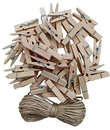 50 mollette in legno per foto con spago di iuta in miniatura, per artigianato, decorazione, asciugatura vestiti, mollette in legno naturale per camicie