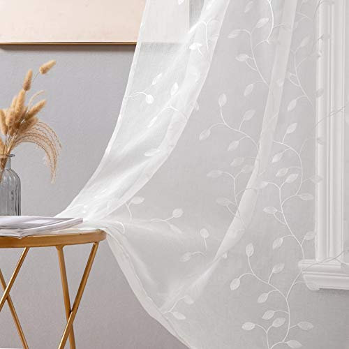 MIULEE Sheer Vorhang Voile Blumen Stickerei Vorhänge mit Ösen transparent Gardine 2 Stücke Ösenvorhang Gaze paarig schals Fensterschal für Wohnzimmer Schlafzimmer 145 cm x 140 cm(H x B) 2er-Set