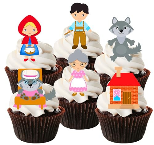 PRECUT Red Riding Hood Cupcake Toppers, Edible Storybook Cake Toppers, Fairy Tale Birthday Decorations, Forest Cake Decorations, Wolf Cake Toppers, Red Riding Hood Cupcakes, Story Book (Pack of 24)