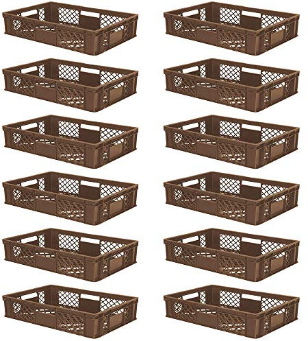 BRB 12x Eurobehälter/Stapelkorb durchbrochen, PE-HD, Industriequalität, lebensmittelecht, LxBxH 600x400x150 mm, braun
