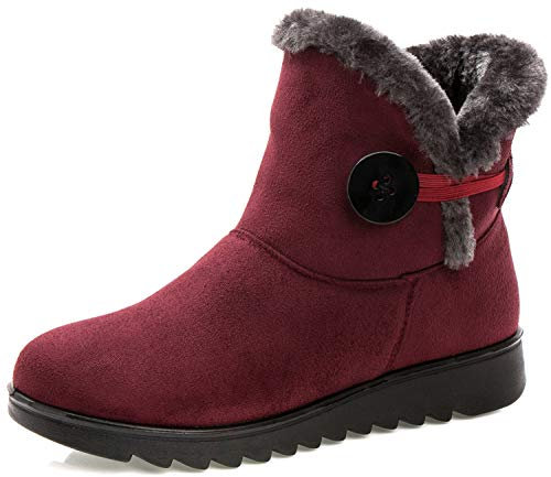 Vunavueya Chaussures Bottes D'Hiver en Cuir Femmes Courte Bottines Mode de Neige avec Doublure Chaud Fourrure Bordeaux Red 39.5 EU/255CN