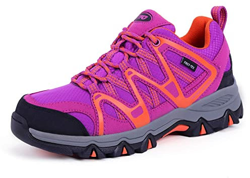 TFO Wanderschuhe für Damen, Outdoor, atmungsaktiv und langlebig, Trekking- und Wanderschuhe, niedrige Höhe, Violett/Orange., 36 EU