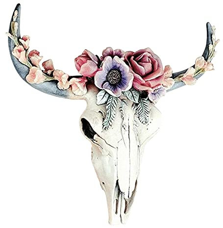 ikasus Stierkopf Harz Wanddekoration,Polyresin Stier Bulle Longhorn Kopf,Blume Kuh Schädel Wanddekoration Kinderzimmer Dekor, Simulation 3D Tier Kuh Schädel für den Innenbereich,In-/Outdoor