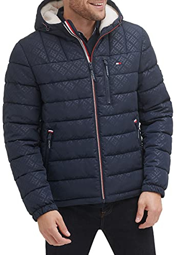 Tommy Hilfiger mittelschwere wasserabweisende Pufferjacke für Herren mit Sherpa-Futter und Kapuze