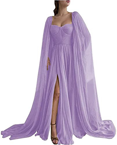KURFACE Chiffon Ballkleid Umhang Ärmel Party formelle Kleider in Schlitz Plissee Ballkleider mit Taschen Langes Abendkleid für Damen, Flieder, 44