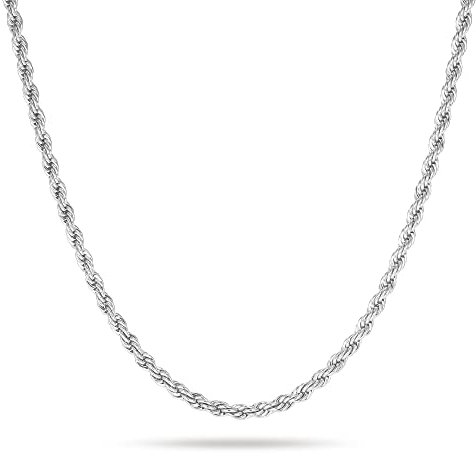 BRIJEWNES 925 Sterling Silver Clasp 2/2.5/3/4/5mm Silver Chain for Men Mens Necklace Rope Chain Necklace Diamond Cut Silver Mens Chain Necklace 16 18 20 22 24 26 28 30 Inches, 18, Sterling Silver, No