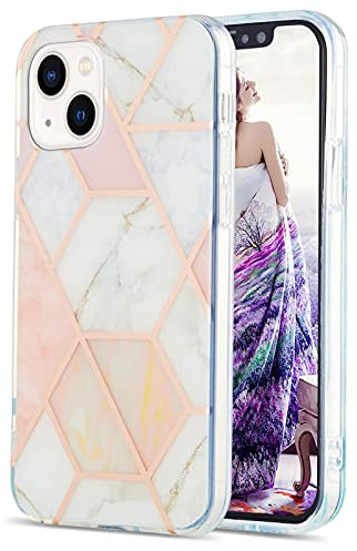 iPhone 14 Case Marble, iPhone 14 Phone Case Shockproof Ultra Silm Back Case for Girls Women with TPU Bumper Silicone Protective Cover Cases for iPhone 14 Case, Pink & White