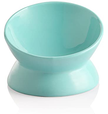 Sweejar Home Ceramic Raised Cat Bowls, Slanted Cat Dish Food or Water Bowls, Elevated Porcelain Pet Feeder Bowl Protect Cat's Spine, Stress Free, 140ml, Backflow Prevention (Pure turquoise)