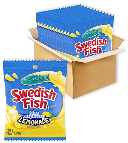 SWEDISH FISH Caramelos de gomitas suaves y masticables de limonada de frambuesa azul, 12 bolsas