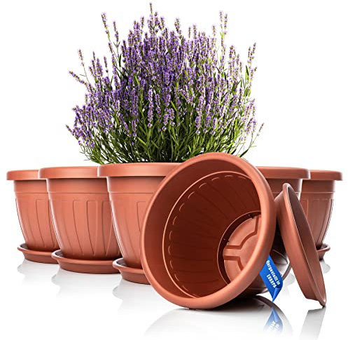 BigDean 6X Blumentopf mit Untersetzer rund ø40xH31 cm Terracotta - wetterfester Pflanzkübel - Wasserablauf UV-beständig aus bruchsicherem Kunststoff - Innen + Außen geeignet - Made in Europe