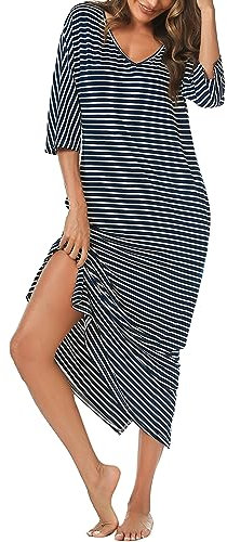 Uniexcosm Chemise de Nuit Femme Coton Longue Col en V Manches Robe de Nuit avec Poches D-Bleu Marine L