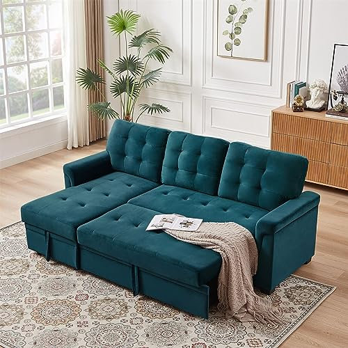 AZRBOPO Corner Sofa Bed, L-Shaped Corner Sofa Bed with Storage, Padded Sectional Transformable Sofa, Stylish and Functional Couch Sectional Settee Sleep Reversible Storage Chaise - Velvet Green