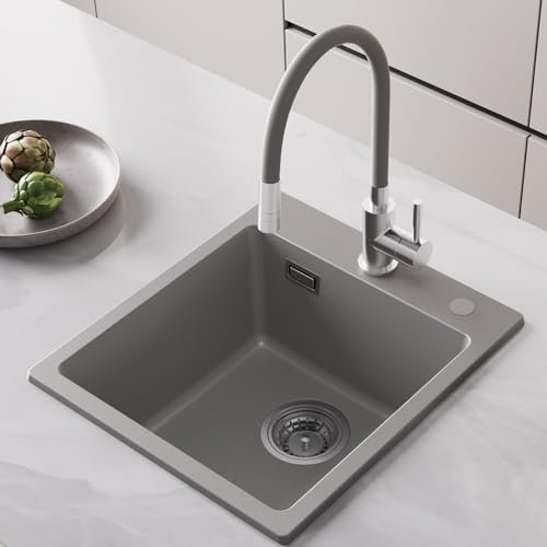 CECIPA Fregadero de cocina gris de granito, 40 x 45 cm, para empotrar gris, rectangular, moderno de granito, fregadero de cocina pequeño, fregadero de cocina con 2 agujeros para grifo, fregadero