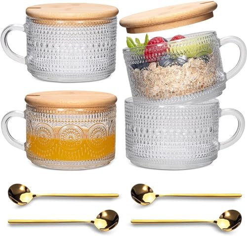 Litimkat 4 tazze da caffè vintage, bicchieri da latte macchiato, con coperchio e cucchiaio, tazze da colazione, per cappuccino, latte, cereali, latte, compleanno, regalo di Natale, M001