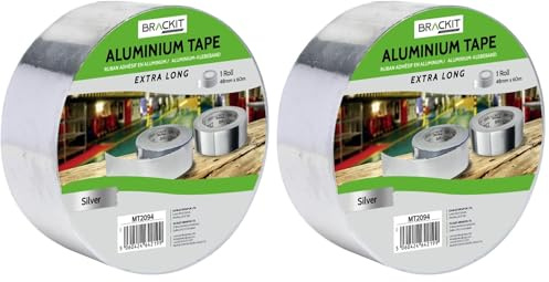 brackit 48mm x 60m - Extra Long - Aluminum Foil Tape | Conductive, High Temp Heat-Resistant Foiled Tape Rolls for HVAC Repair, Ducts, Insulation, Dryers,… (Pack of 2)
