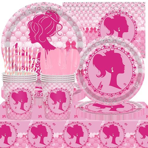 NyaSaa Pink Girls Party Tableware Set,133PCS Princess Theme Birthday Party Decoration Kids Birthday Decoration Party Accessories Set Includes Paper Plates Napkins Straws Cups Tablecloths-16 Guests