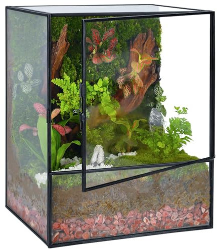 REDHUGO Glas-Pflanzgefäß, Terrarien mit Tür, Glas-Terrarium, Glasgewächshaus, geometrische Pflanzen, Terrarien, Übertopf für Moos, Sukkulenten, Tischaufsatz, rechteckig, schwarz (nur Terrarium)